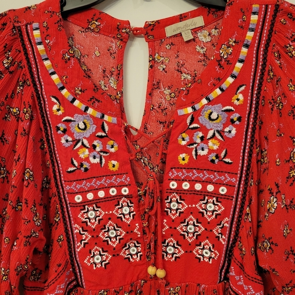 Wonderly Embroidered Floral Red Mini Dress Tunic Size XS - Picture 6 of 10